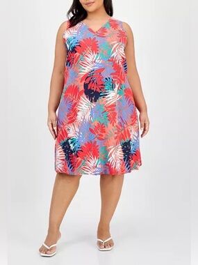 Jones New York Womens Plus Size 3X Tropical Print Linen Blend Dress NWT
